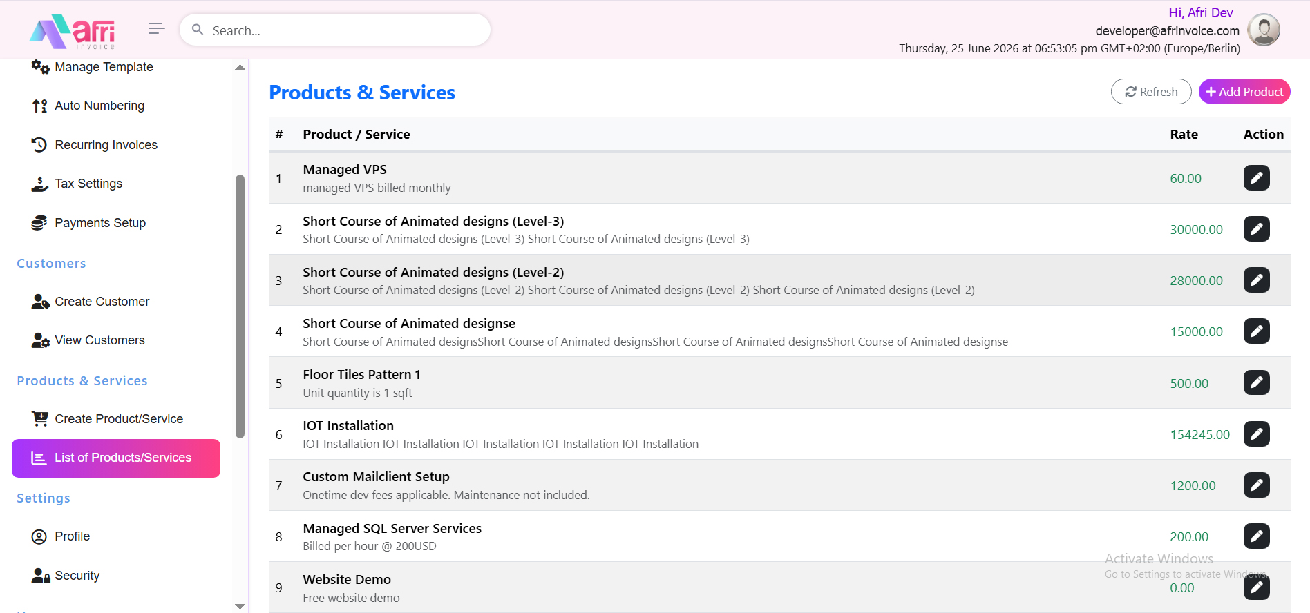 Products and services catalogue